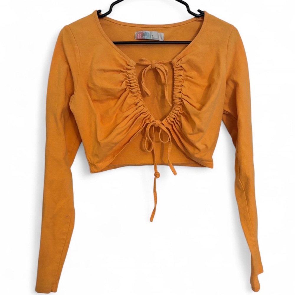 Free People Beach Tie Front Cut Out Orange Crop Top Size Small